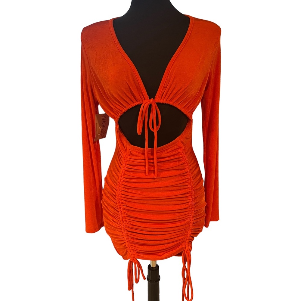 CEFIAN Long Sleeve Cutout Ruched Dress Orange Womens Large New With Tags